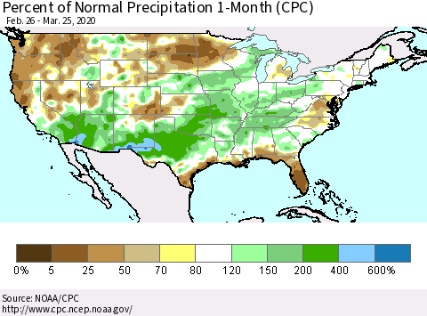 United States Percent of Normal Precipitation 1-Month (CPC) Thematic Map For 2/26/2020 - 3/25/2020