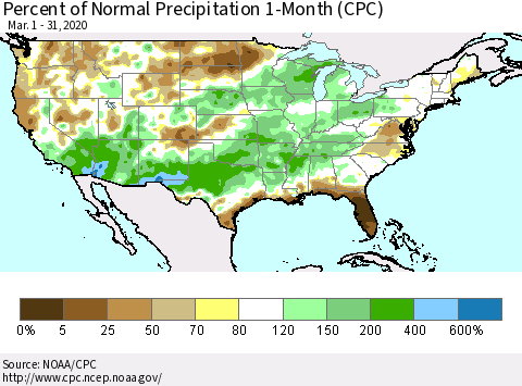 United States Percent of Normal Precipitation 1-Month (CPC) Thematic Map For 3/1/2020 - 3/31/2020