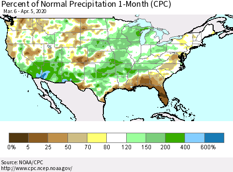 United States Percent of Normal Precipitation 1-Month (CPC) Thematic Map For 3/6/2020 - 4/5/2020