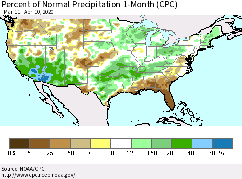 United States Percent of Normal Precipitation 1-Month (CPC) Thematic Map For 3/11/2020 - 4/10/2020