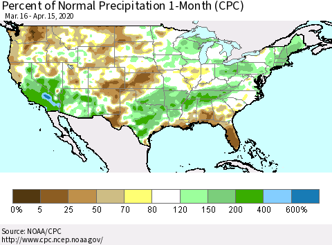 United States Percent of Normal Precipitation 1-Month (CPC) Thematic Map For 3/16/2020 - 4/15/2020