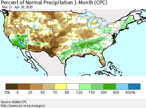 United States Percent of Normal Precipitation 1-Month (CPC) Thematic Map For 3/21/2020 - 4/20/2020