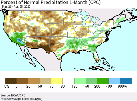 United States Percent of Normal Precipitation 1-Month (CPC) Thematic Map For 3/26/2020 - 4/25/2020