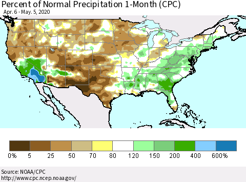 United States Percent of Normal Precipitation 1-Month (CPC) Thematic Map For 4/6/2020 - 5/5/2020