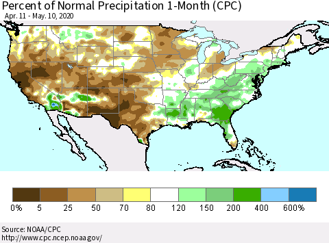 United States Percent of Normal Precipitation 1-Month (CPC) Thematic Map For 4/11/2020 - 5/10/2020