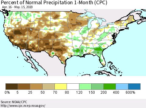 United States Percent of Normal Precipitation 1-Month (CPC) Thematic Map For 4/16/2020 - 5/15/2020