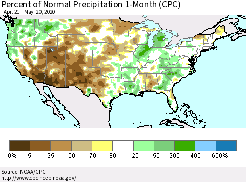 United States Percent of Normal Precipitation 1-Month (CPC) Thematic Map For 4/21/2020 - 5/20/2020