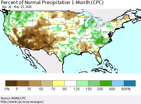 United States Percent of Normal Precipitation 1-Month (CPC) Thematic Map For 4/26/2020 - 5/25/2020
