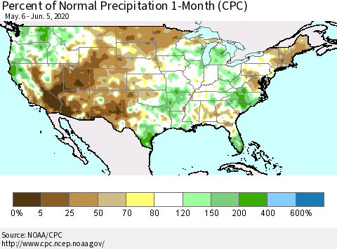 United States Percent of Normal Precipitation 1-Month (CPC) Thematic Map For 5/6/2020 - 6/5/2020