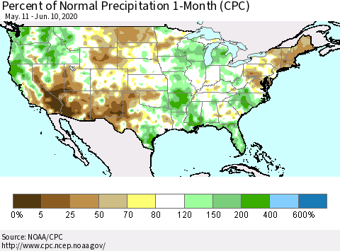 United States Percent of Normal Precipitation 1-Month (CPC) Thematic Map For 5/11/2020 - 6/10/2020