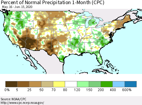 United States Percent of Normal Precipitation 1-Month (CPC) Thematic Map For 5/16/2020 - 6/15/2020