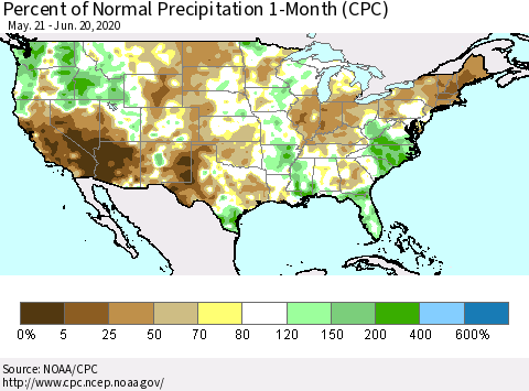 United States Percent of Normal Precipitation 1-Month (CPC) Thematic Map For 5/21/2020 - 6/20/2020