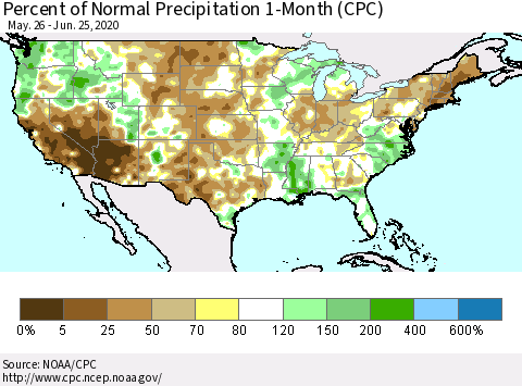 United States Percent of Normal Precipitation 1-Month (CPC) Thematic Map For 5/26/2020 - 6/25/2020