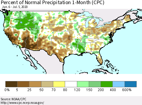 United States Percent of Normal Precipitation 1-Month (CPC) Thematic Map For 6/6/2020 - 7/5/2020