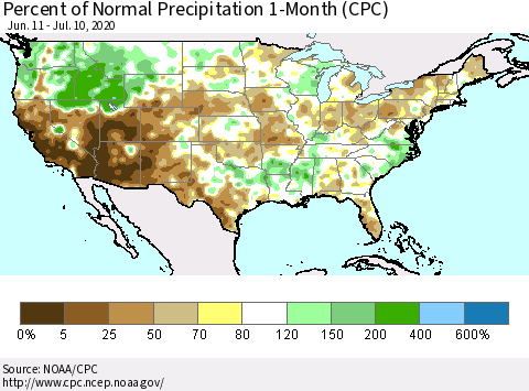 United States Percent of Normal Precipitation 1-Month (CPC) Thematic Map For 6/11/2020 - 7/10/2020
