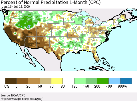 United States Percent of Normal Precipitation 1-Month (CPC) Thematic Map For 6/16/2020 - 7/15/2020