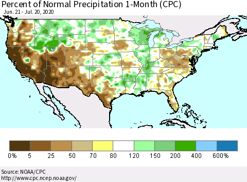 United States Percent of Normal Precipitation 1-Month (CPC) Thematic Map For 6/21/2020 - 7/20/2020