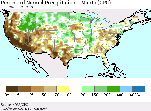 United States Percent of Normal Precipitation 1-Month (CPC) Thematic Map For 6/26/2020 - 7/25/2020