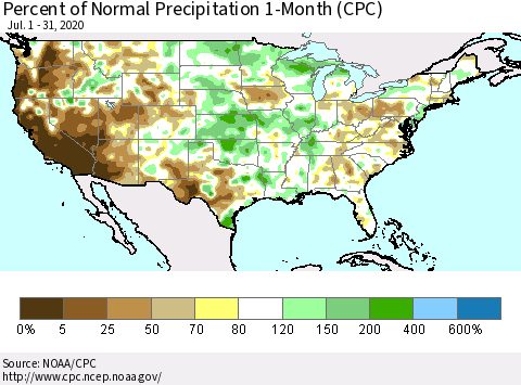United States Percent of Normal Precipitation 1-Month (CPC) Thematic Map For 7/1/2020 - 7/31/2020