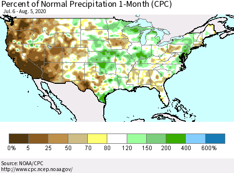 United States Percent of Normal Precipitation 1-Month (CPC) Thematic Map For 7/6/2020 - 8/5/2020