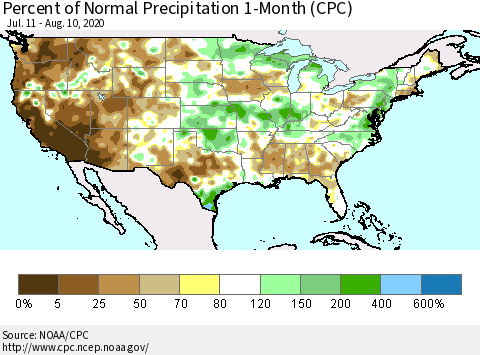 United States Percent of Normal Precipitation 1-Month (CPC) Thematic Map For 7/11/2020 - 8/10/2020