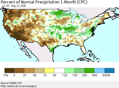 United States Percent of Normal Precipitation 1-Month (CPC) Thematic Map For 7/16/2020 - 8/15/2020