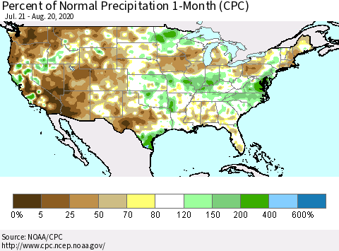 United States Percent of Normal Precipitation 1-Month (CPC) Thematic Map For 7/21/2020 - 8/20/2020