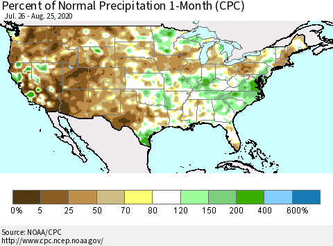 United States Percent of Normal Precipitation 1-Month (CPC) Thematic Map For 7/26/2020 - 8/25/2020