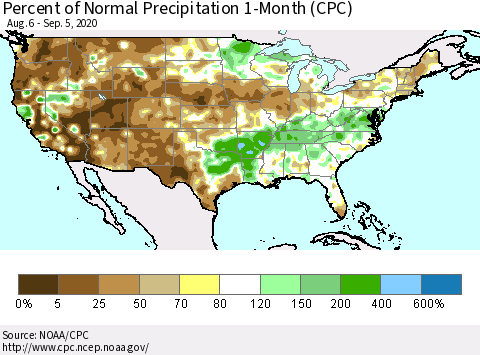 United States Percent of Normal Precipitation 1-Month (CPC) Thematic Map For 8/6/2020 - 9/5/2020
