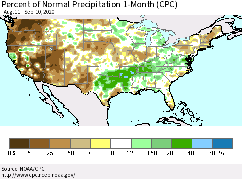 United States Percent of Normal Precipitation 1-Month (CPC) Thematic Map For 8/11/2020 - 9/10/2020