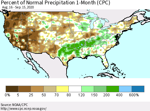 United States Percent of Normal Precipitation 1-Month (CPC) Thematic Map For 8/16/2020 - 9/15/2020