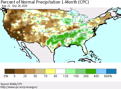 United States Percent of Normal Precipitation 1-Month (CPC) Thematic Map For 8/21/2020 - 9/20/2020