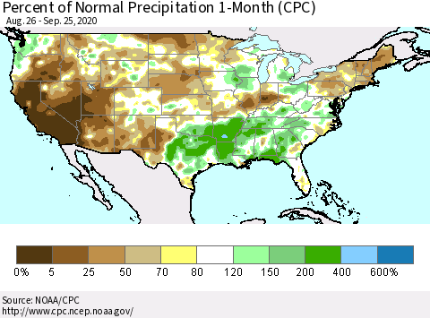 United States Percent of Normal Precipitation 1-Month (CPC) Thematic Map For 8/26/2020 - 9/25/2020