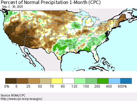 United States Percent of Normal Precipitation 1-Month (CPC) Thematic Map For 9/1/2020 - 9/30/2020