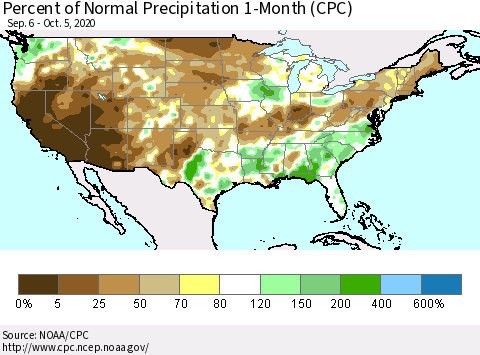 United States Percent of Normal Precipitation 1-Month (CPC) Thematic Map For 9/6/2020 - 10/5/2020