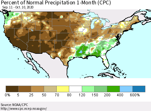 United States Percent of Normal Precipitation 1-Month (CPC) Thematic Map For 9/11/2020 - 10/10/2020