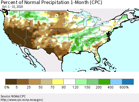 United States Percent of Normal Precipitation 1-Month (CPC) Thematic Map For 10/1/2020 - 10/31/2020