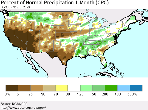 United States Percent of Normal Precipitation 1-Month (CPC) Thematic Map For 10/6/2020 - 11/5/2020