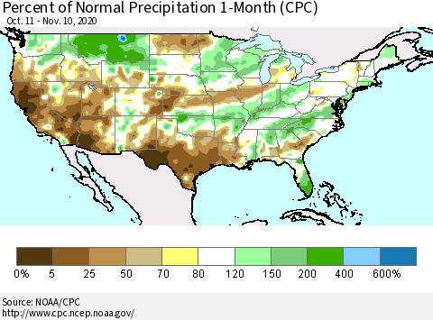 United States Percent of Normal Precipitation 1-Month (CPC) Thematic Map For 10/11/2020 - 11/10/2020