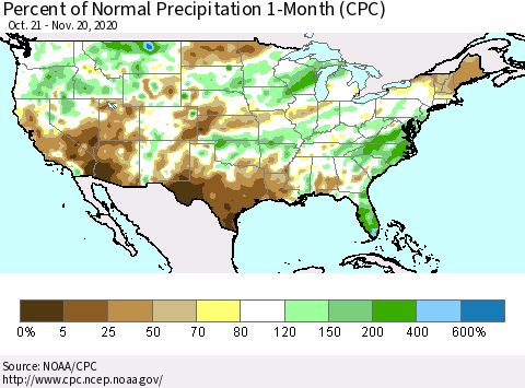 United States Percent of Normal Precipitation 1-Month (CPC) Thematic Map For 10/21/2020 - 11/20/2020
