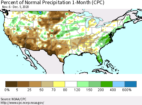 United States Percent of Normal Precipitation 1-Month (CPC) Thematic Map For 11/6/2020 - 12/5/2020