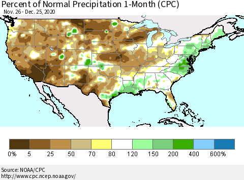 United States Percent of Normal Precipitation 1-Month (CPC) Thematic Map For 11/26/2020 - 12/25/2020