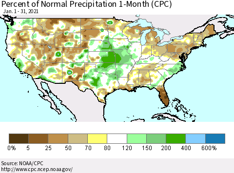 United States Percent of Normal Precipitation 1-Month (CPC) Thematic Map For 1/1/2021 - 1/31/2021