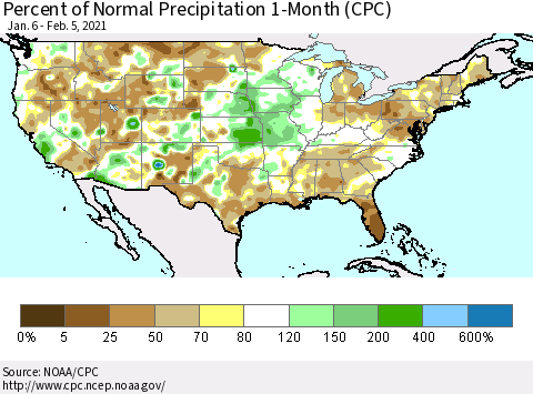 United States Percent of Normal Precipitation 1-Month (CPC) Thematic Map For 1/6/2021 - 2/5/2021