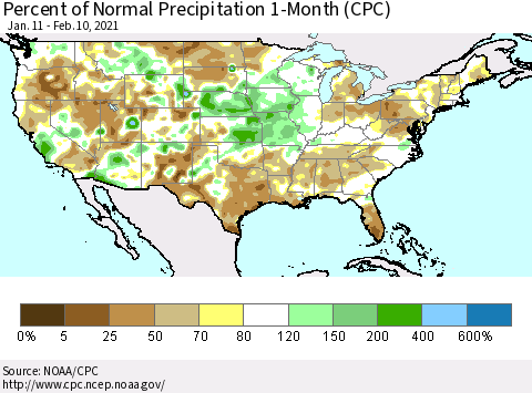 United States Percent of Normal Precipitation 1-Month (CPC) Thematic Map For 1/11/2021 - 2/10/2021