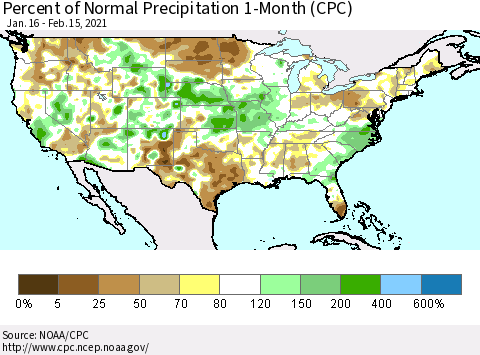 United States Percent of Normal Precipitation 1-Month (CPC) Thematic Map For 1/16/2021 - 2/15/2021