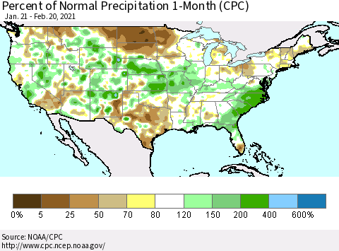 United States Percent of Normal Precipitation 1-Month (CPC) Thematic Map For 1/21/2021 - 2/20/2021