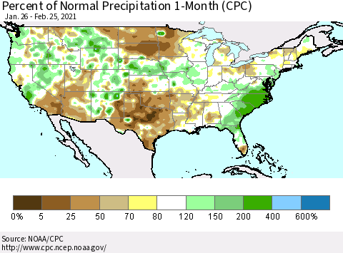 United States Percent of Normal Precipitation 1-Month (CPC) Thematic Map For 1/26/2021 - 2/25/2021