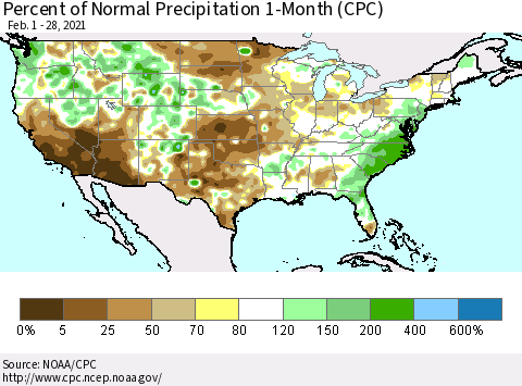 United States Percent of Normal Precipitation 1-Month (CPC) Thematic Map For 2/1/2021 - 2/28/2021