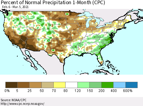 United States Percent of Normal Precipitation 1-Month (CPC) Thematic Map For 2/6/2021 - 3/5/2021